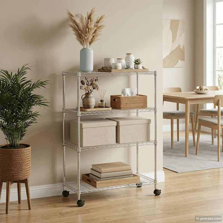 Rack de stockage Vidaxl 4 couches avec roues 200 kg 90x35x142 cm de couleur chromée