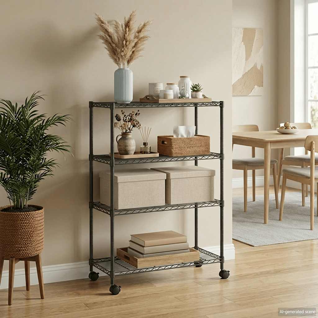 Rack de stockage Vidaxl 4 couches avec roues 200 kg 90x35x142 cm noir