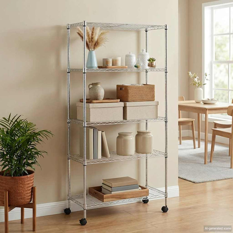 Rack de stockage Vidaxl 5 couches avec roues 250 kg 75x35x155 cm de couleur chromée