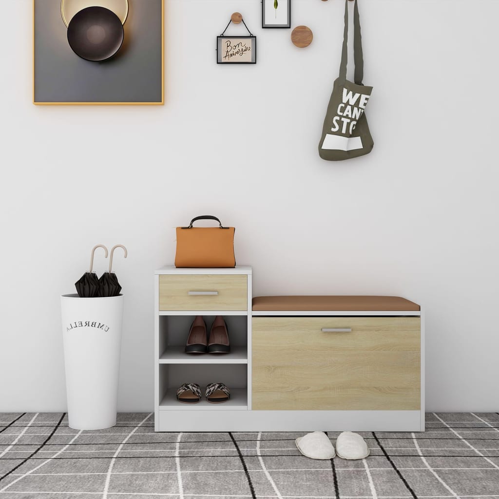 Canapé de chaussure Vidaxl 94,5x31x57 cm en bois blanc sonoma chêne coloré