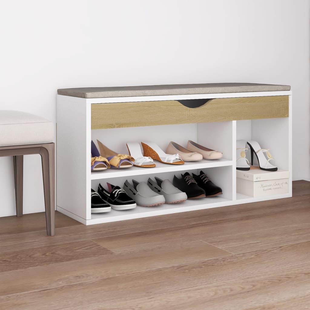 Banc de chaussures vidaxl et coussin 104x30x49 cm en bois blanc sonoma chêne
