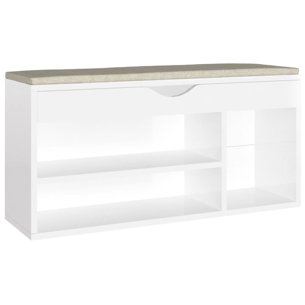 Banc de chaussures vidaxl avec coussin 104x30x49 cm bois transformé haut brillant blanc