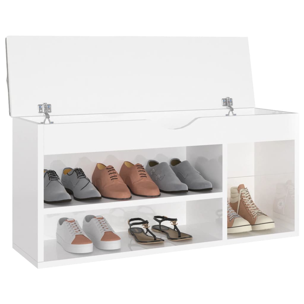 Banc de chaussures vidaxl avec coussin 104x30x49 cm bois transformé haut brillant blanc