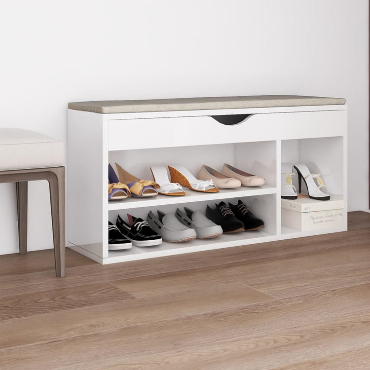 Banc de chaussures vidaxl avec coussin 104x30x49 cm bois transformé haut brillant blanc