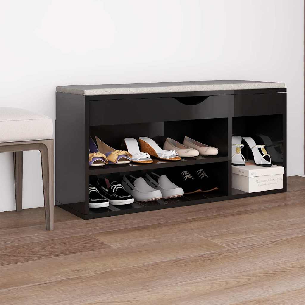Banc de chaussures vidaxl avec coussin 104x30x49 cm en bois haut brillant noir
