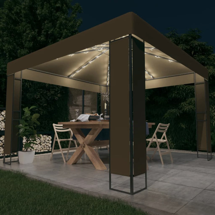 Tonnelle Vidaxx avec double toit et guirlande lumineuse LED 3x3x2,7 m taupe