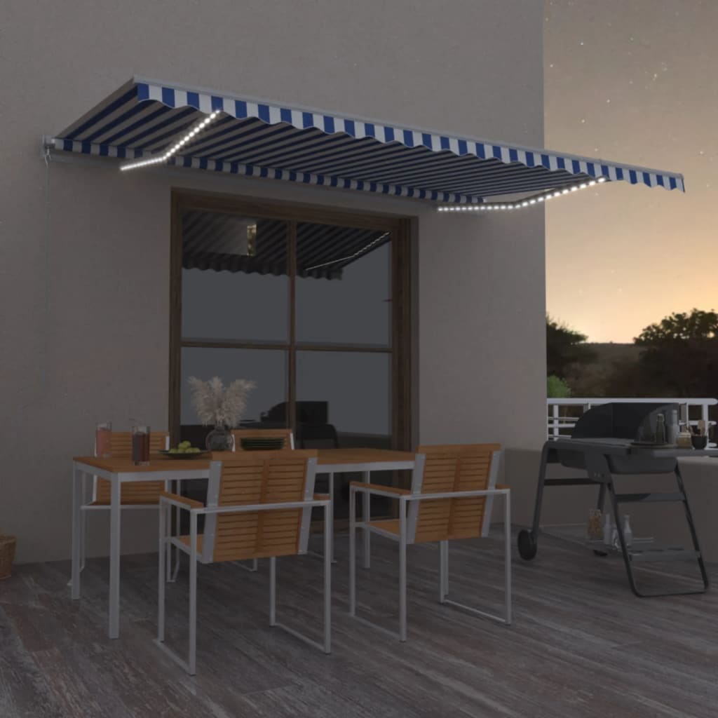 Vidaxl Luifel extensible manuellement avec LED 500x350 cm bleu et blanc