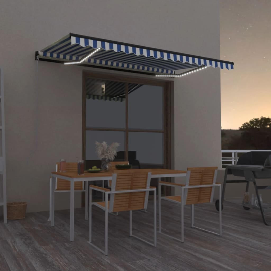 Vidaxl Luifel extensible manuellement avec LED 400x350 cm bleu et blanc