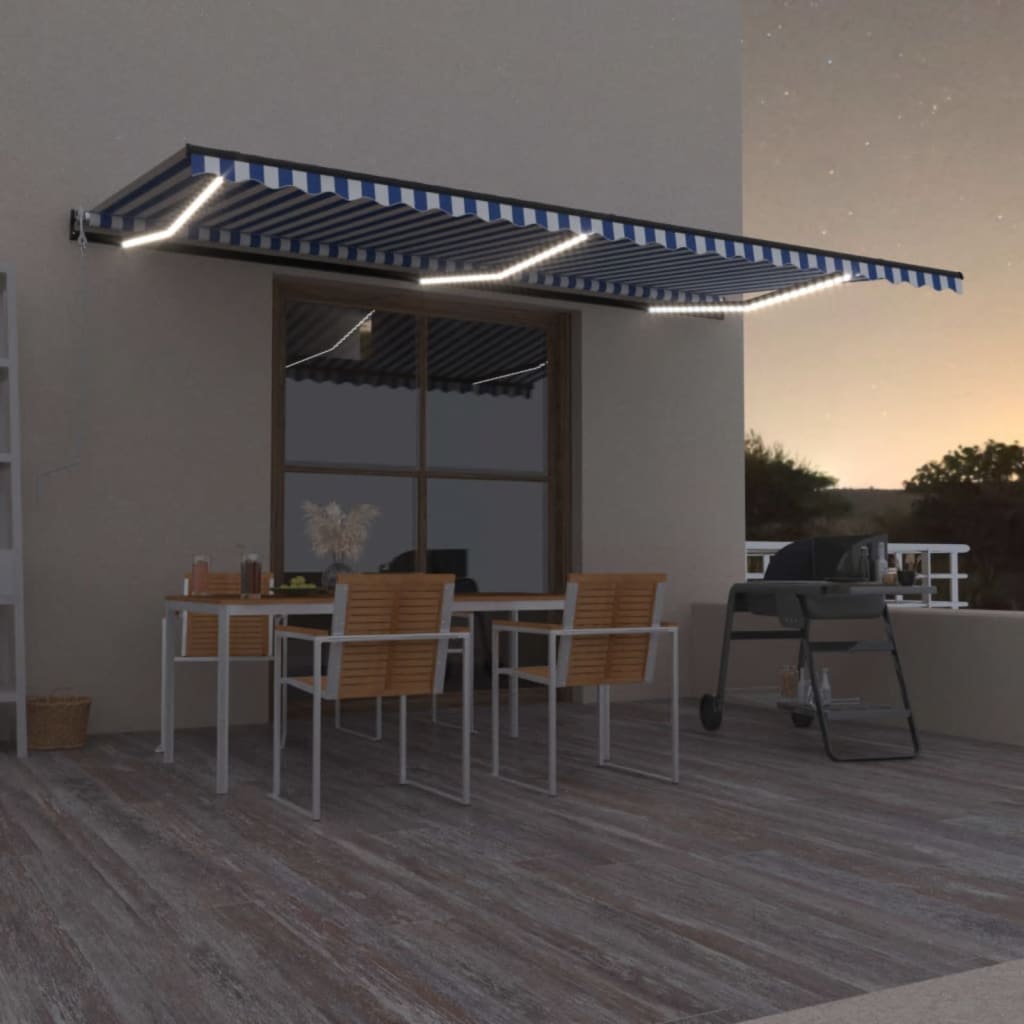 Vidaxl luifel automatique avec led et capteur de vent 600x350 cm blanc bleu