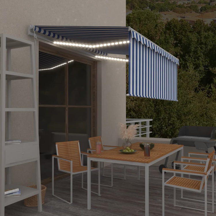Vidaxl Laifel avec capteur à rouleau à rouleau, LED et vent 3,5x2,5 m bleu et blanc