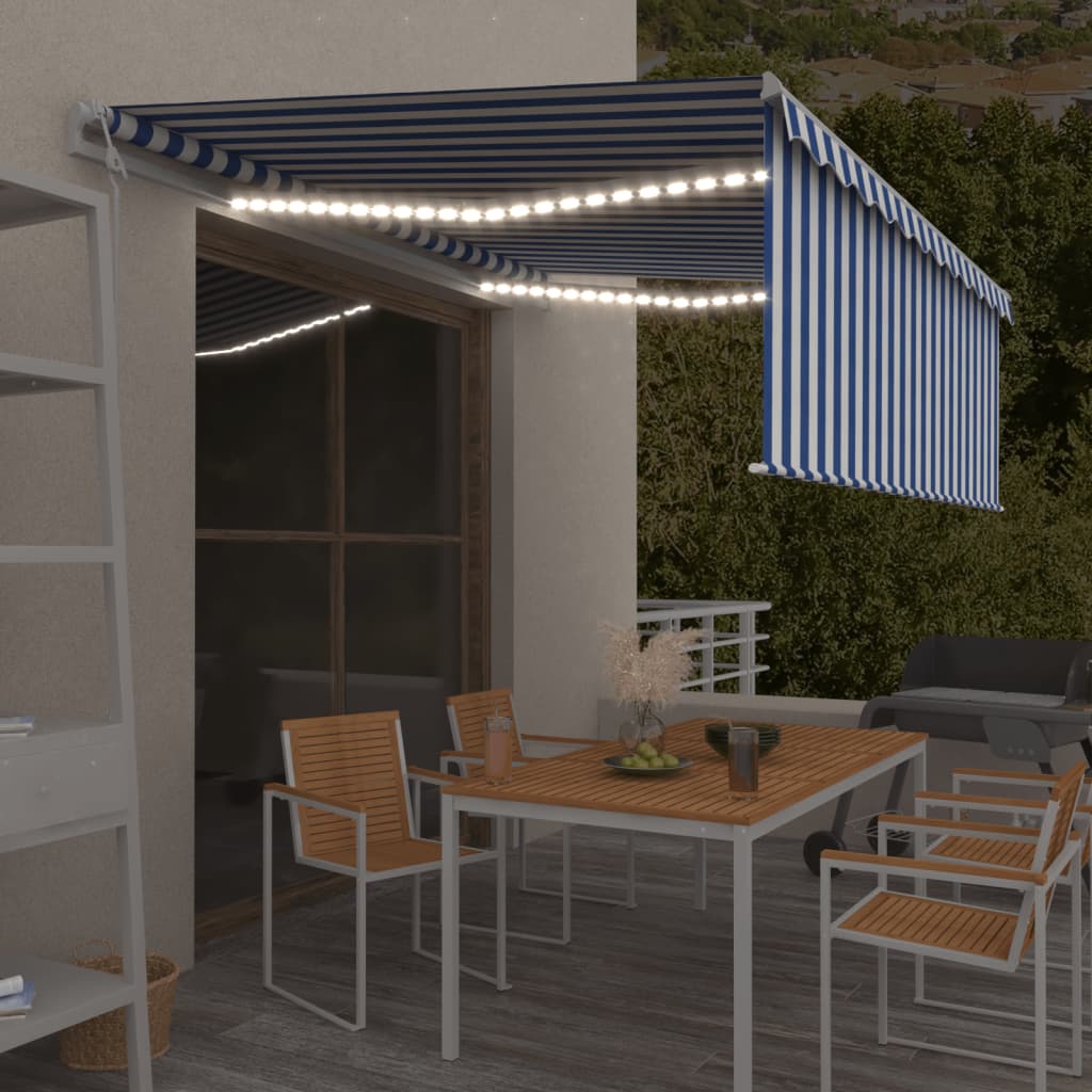 Vidaxl Laifel avec capteur à rouleau à rouleau, LED et vent 4,5x3 m bleu et blanc