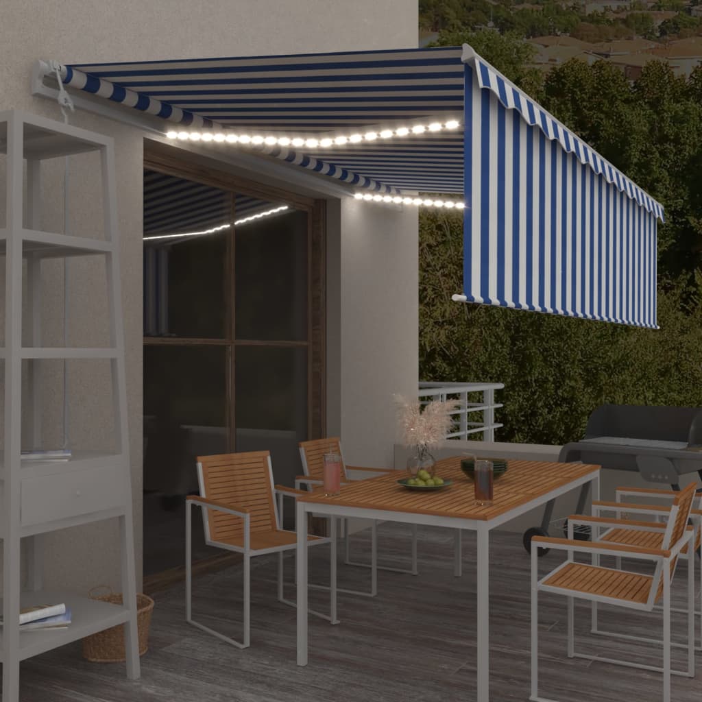 Vidaxl Luifel Capteur de vent à LED aveugle automatique 5x3 m bleu et blanc