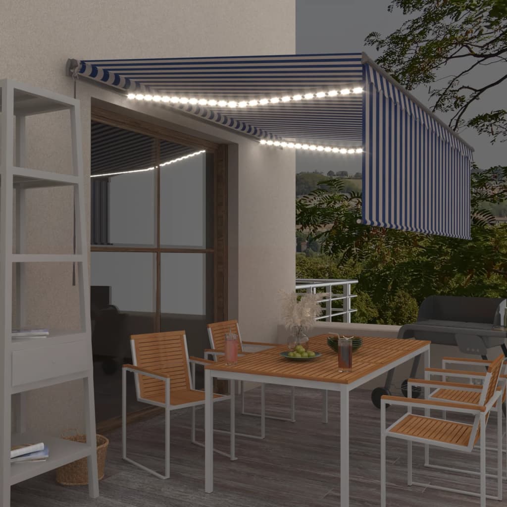 Vidaxl Luifel extensible manuellement avec un rouleau LED 4x3 m blanc bleu