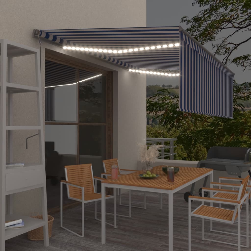 Vidaxl Luifel Capteur de vent à LED aveugle automatique 4x3 m bleu et blanc