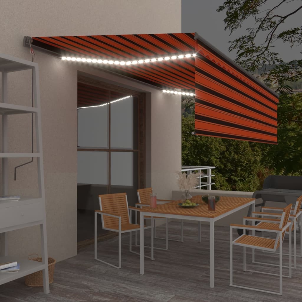 Vidaxl luifel à rouleau extensible manuellement LED à l'aveugle 5x3 m brun orange