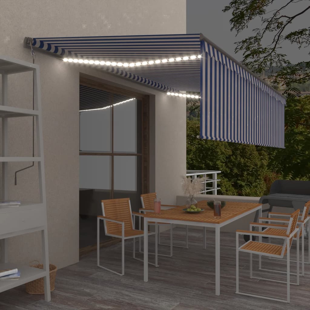 Vidaxl Luifel Capteur de vent à LED aveugle automatique 5x3 m bleu et blanc