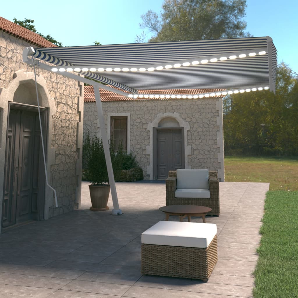 Vidaxl Luifel extensible manuellement avec LED 500x350 cm bleu et blanc