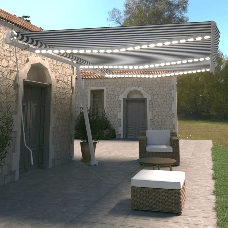 Vidaxl Luifel extensible manuellement avec LED 600x350 cm bleu et blanc