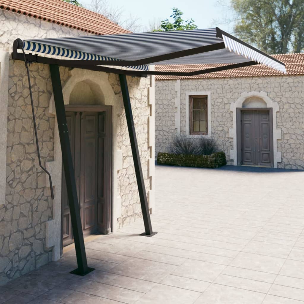 Vidaxl Luifel a automatiquement extensible avec des poteaux 3x2,5 m bleu et blanc