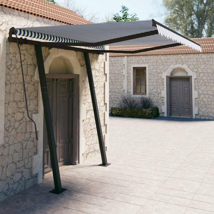 Vidaxl Luifel a automatiquement extensible avec des poteaux 3x2,5 m bleu et blanc