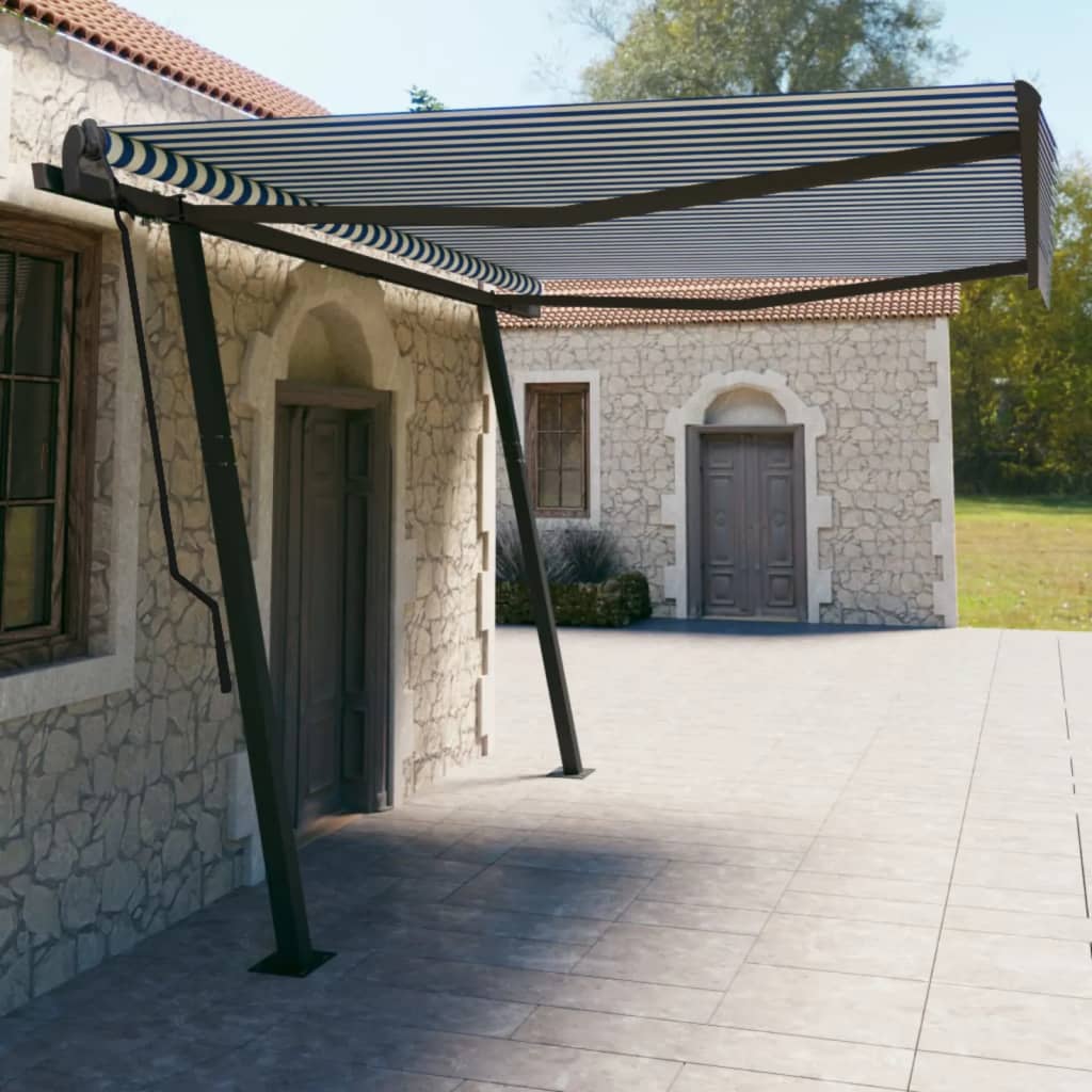 Vidaxl Luifel a automatiquement extensible avec des poteaux 4,5x3 m bleu et blanc