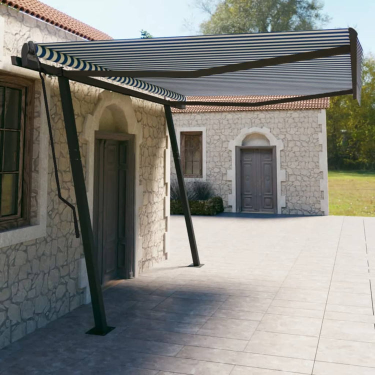 Vidaxl Luifel a automatiquement extensible avec des poteaux 4,5x3 m bleu et blanc