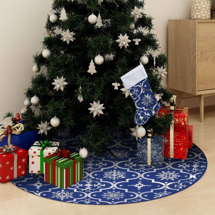Vidaxl Jupe d'arbre de Noël luxe avec chaussette 150 cm tissu bleu