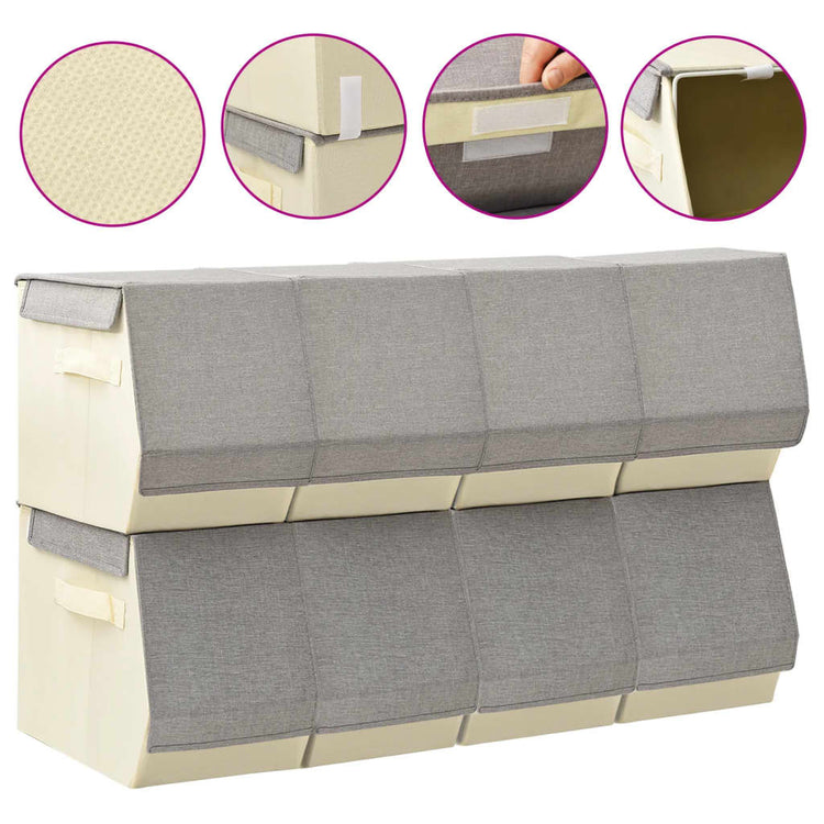 Ensemble de boîtes de rangement Vidaxl 8 pièces avec couvercle en tissu empilable Gray Crème
