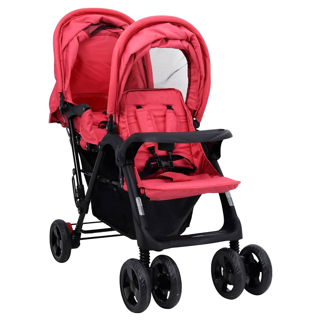 Vidaxl poussette twin tandem acier rouge