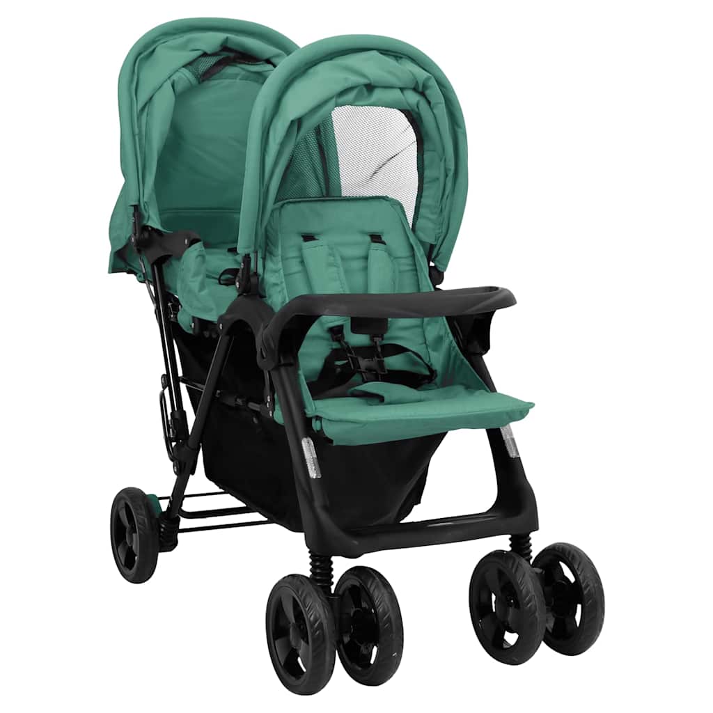 VidaXL Poussette Twin Tandem Acier Vert
