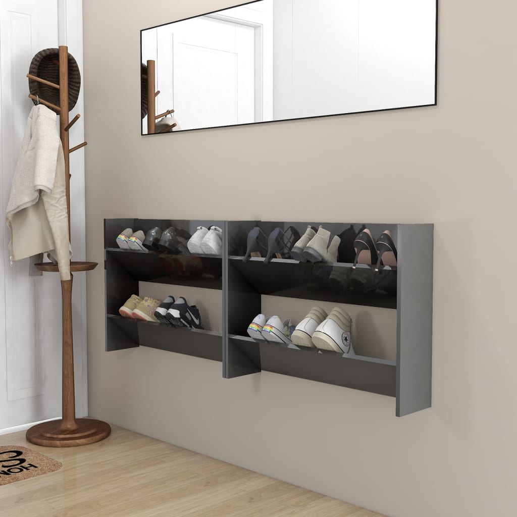 Armoires à chaussures murales vidaxl 2 ST 80x18x60 cm en bois haut gris brillant