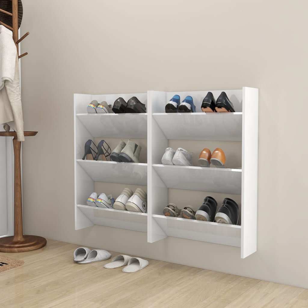 Armoires à chaussures murales vidaxl 2 pcs 60x18x90 cm bois transformé haut brillant blanc