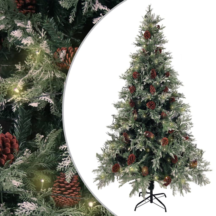 Arbre de Noël Vidaxl avec des cônes LED et de pin 195 cm en PVC et PE vert et blanc
