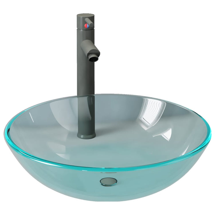 Évier VidaXL avec robinet et bonde mécanique, verre trempé, transparent