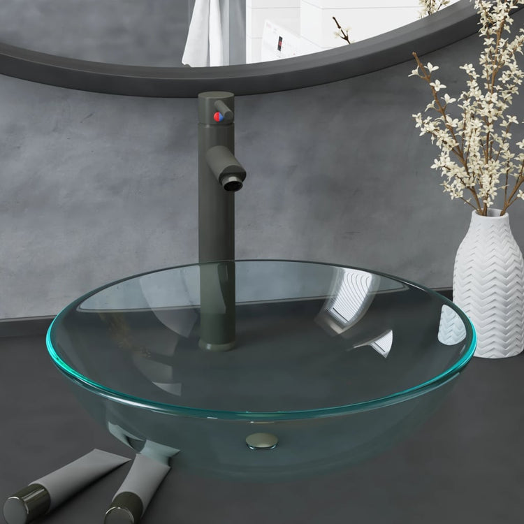 Évier VidaXL avec robinet et bonde mécanique, verre trempé, transparent