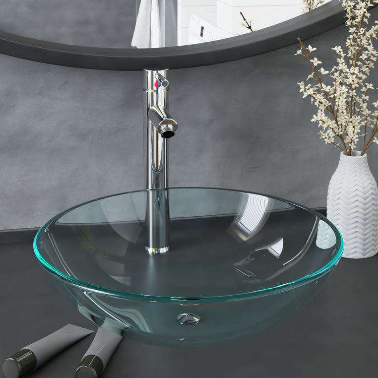 Évier VidaXL avec robinet et bonde mécanique, verre trempé, transparent