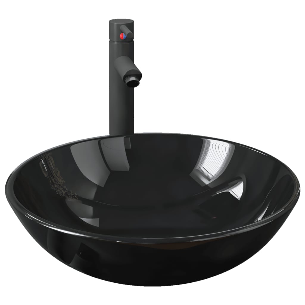Évier VidaXL avec robinet et bonde mécanique, verre trempé, noir