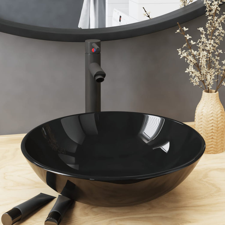 Évier VidaXL avec robinet et bonde mécanique, verre trempé, noir