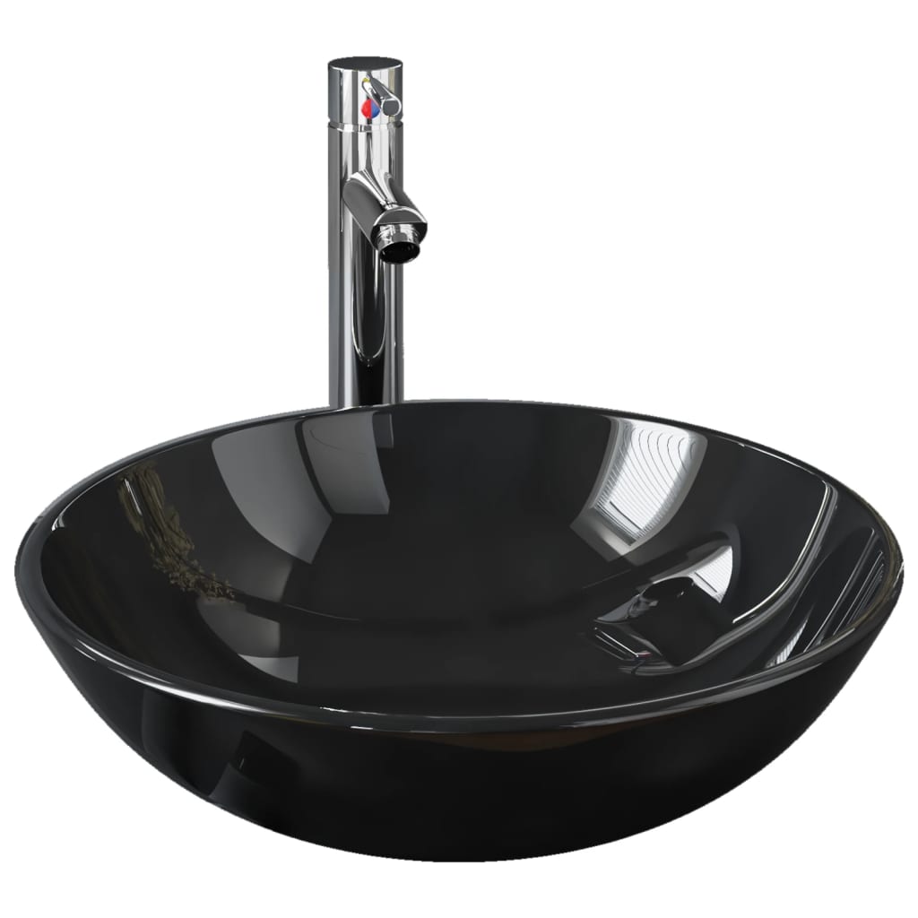 Évier VidaXL avec robinet et bonde mécanique, verre trempé, noir