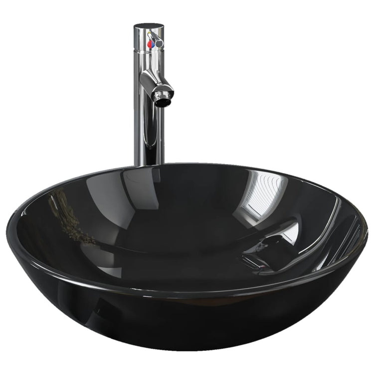 Évier VidaXL avec robinet et bonde mécanique, verre trempé, noir