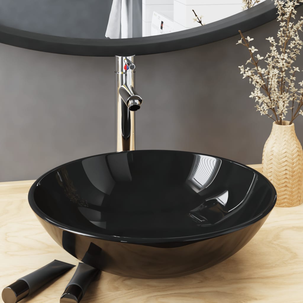 Évier VidaXL avec robinet et bonde mécanique, verre trempé, noir
