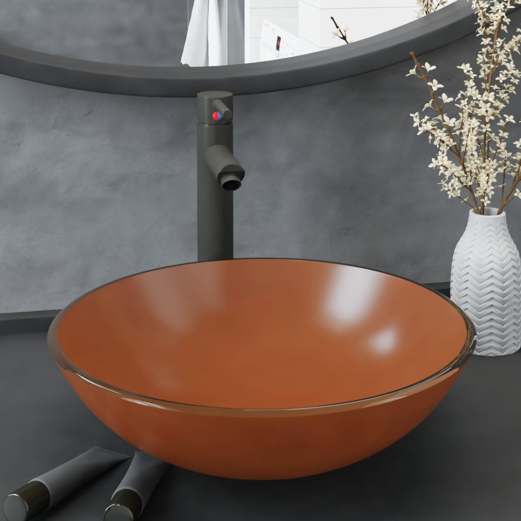 Évier VidaXL avec robinet et bonde mécanique, verre trempé, marron