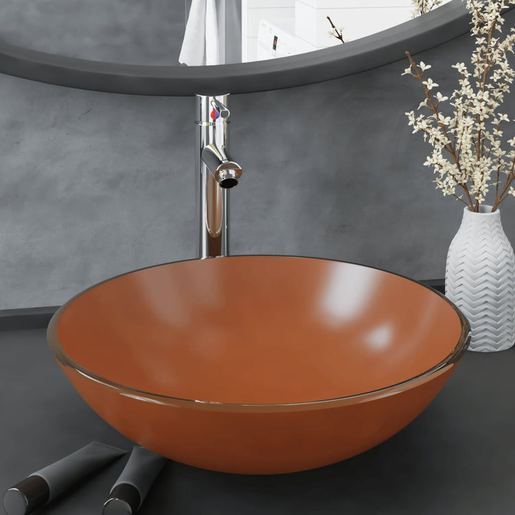 Évier VidaXL avec robinet et bonde mécanique, verre trempé, marron