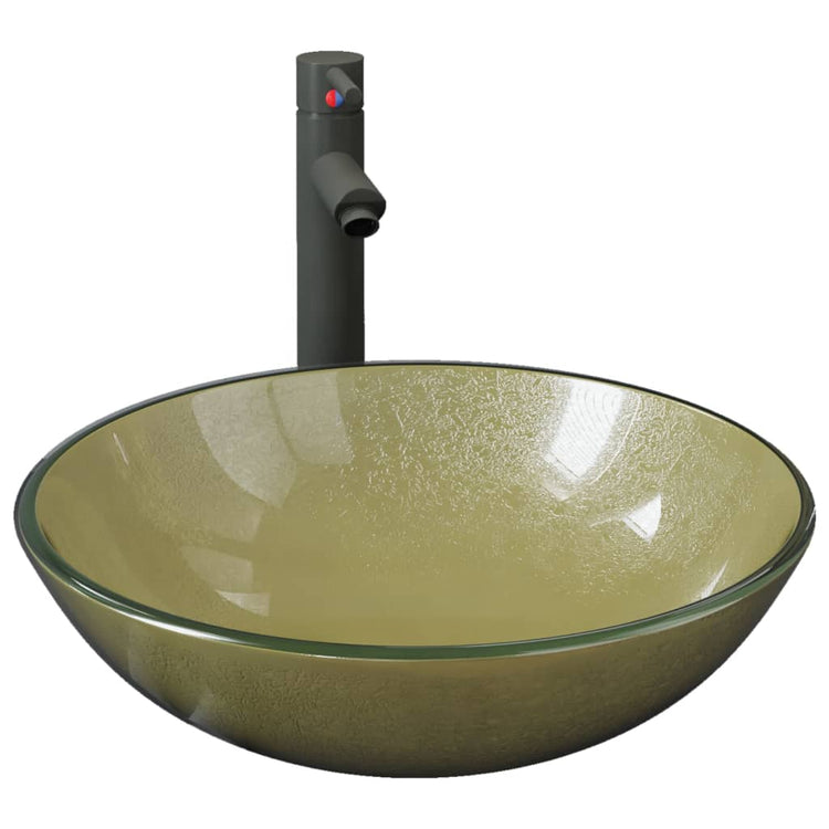 Évier VidaXL avec robinet et bonde mécanique, verre trempé, couleur or