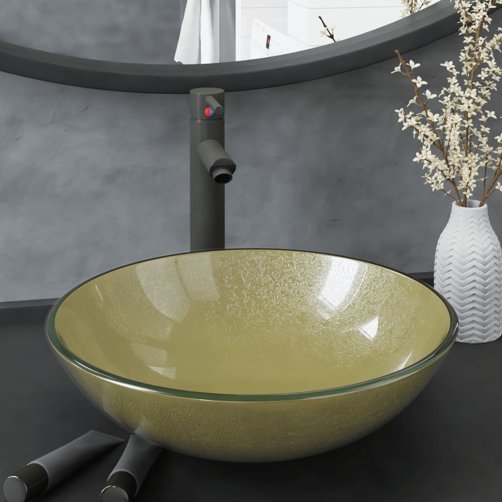 Évier VidaXL avec robinet et bonde mécanique, verre trempé, couleur or