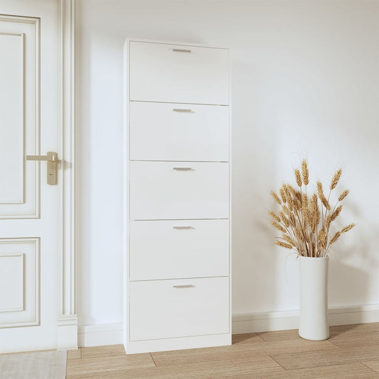 Armoire à chaussures Vidaxl 59x17x169 cm en bois de bois haut brillant blanc