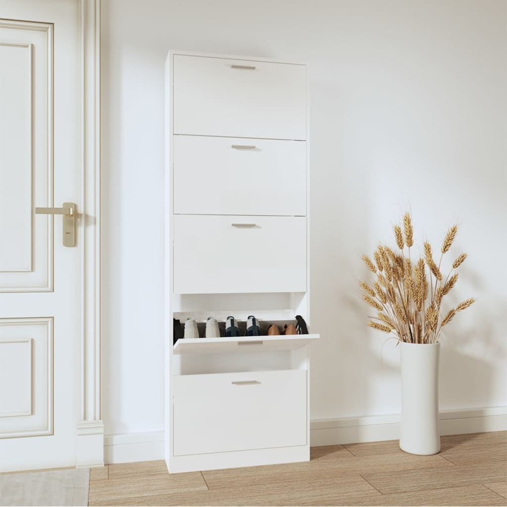 Armoire à chaussures Vidaxl 59x17x169 cm en bois de bois haut brillant blanc