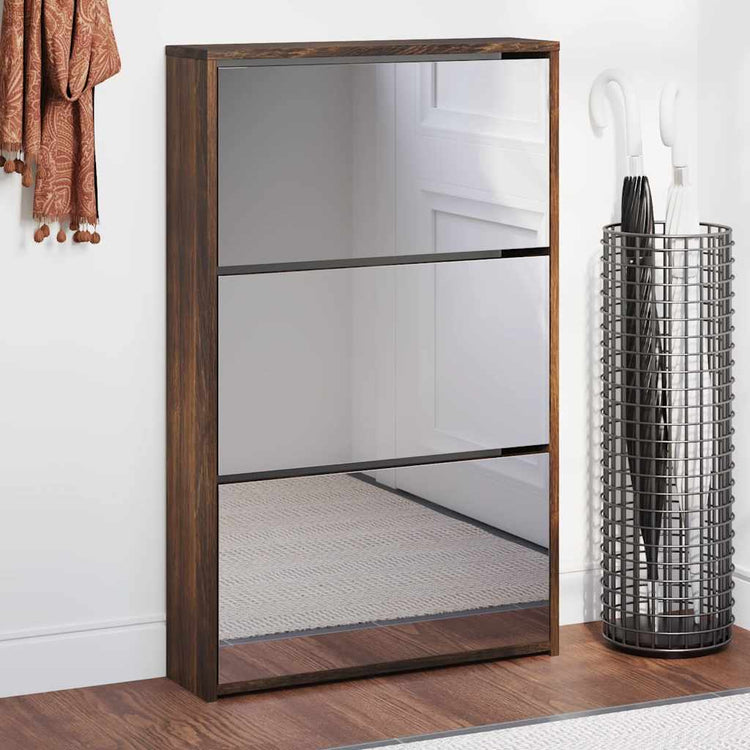 Armoire à chaussures Vidaxl avec miroir à 3 couches 63x17x102.5 cm Chêne fumé