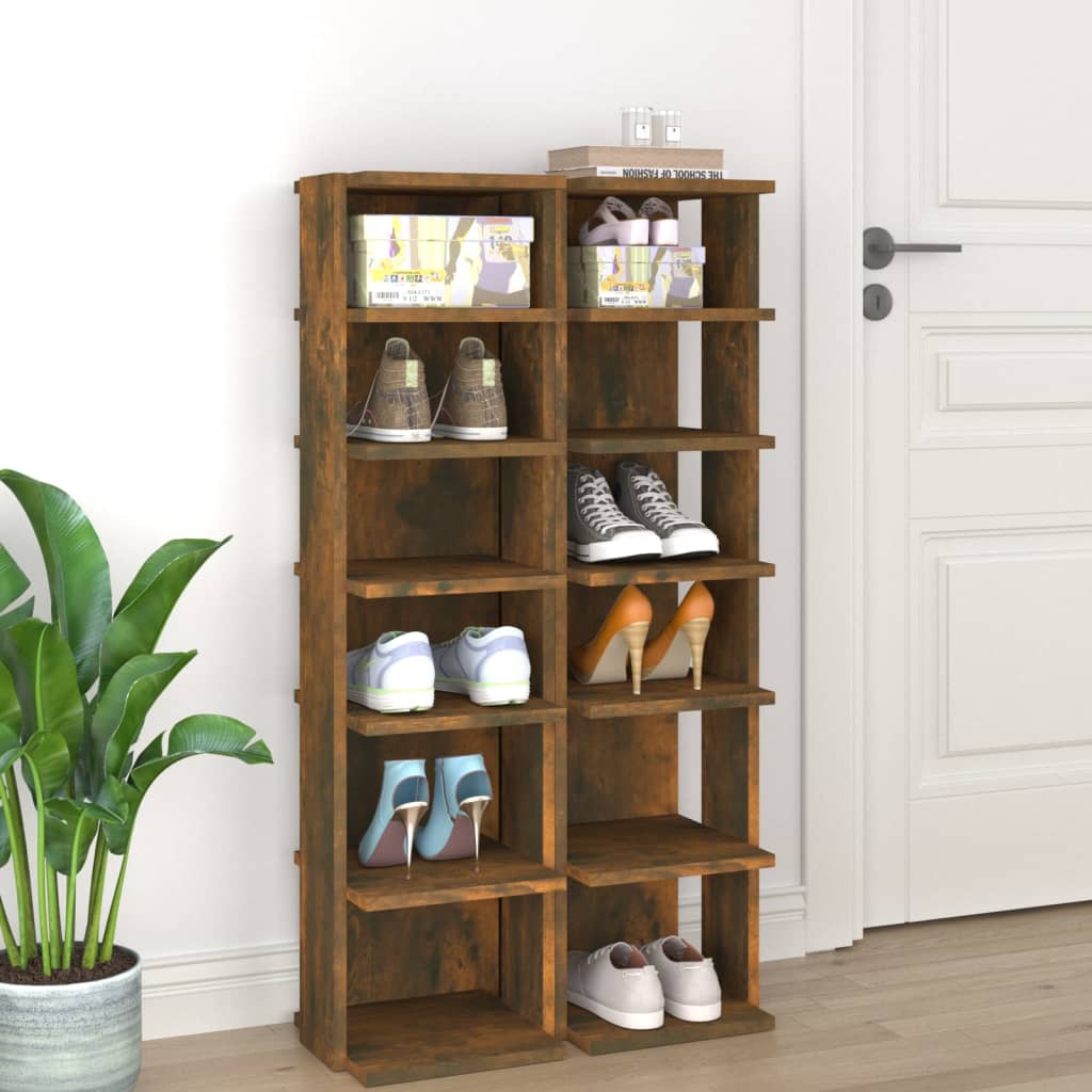 Racks de chaussures Vidaxl 2 PCS 27.5x27x102 cm Chêne fumé en bois transformé