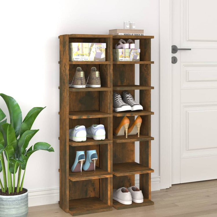 Racks de chaussures Vidaxl 2 PCS 27.5x27x102 cm Chêne fumé en bois transformé